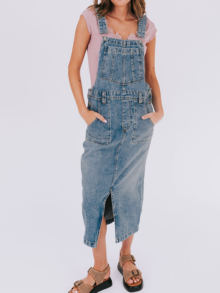 NOUVEAU RICHE Jeans Overallkleid Mit Schlitz Vorne Vielseitiges Denim Kleid Für Damen Komfortabler Freizeitstil Und Klassischer Look Mittelblau
