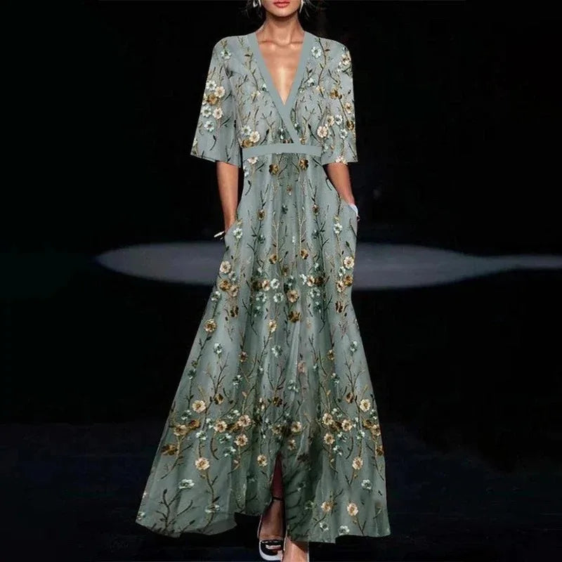 NOUVEAU RICHE Damen Abendkleid Mit Blumenmuster Floralen Print Fließenden Schnitt Grün