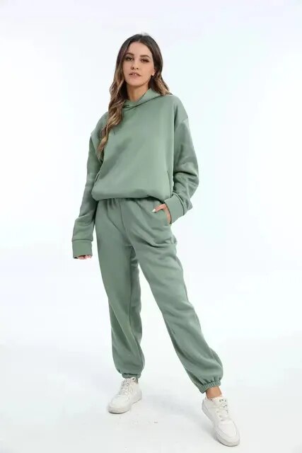 NOUVEAU RICHE Kapuzenpulli und Jogginghose Set Damen Weiches Material Warm Grün