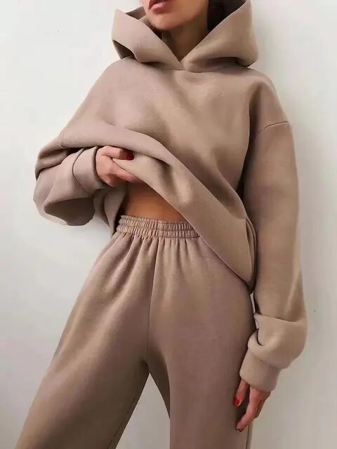 NOUVEAU RICHE Kapuzenpulli und Jogginghose Set Damen Weiches Material Warm Khaki