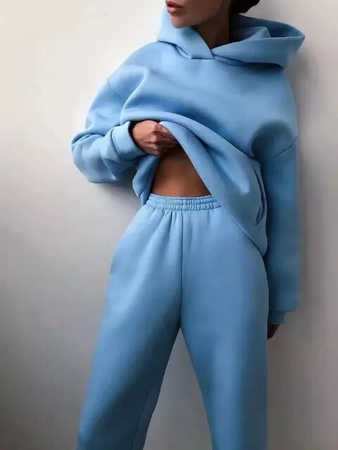 NOUVEAU RICHE Kapuzenpulli und Jogginghose Set Damen Weiches Material Warm Blau