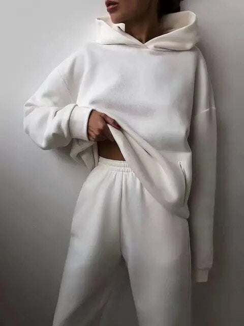 NOUVEAU RICHE Kapuzenpulli und Jogginghose Set Damen Weiches Material Warm Weiß
