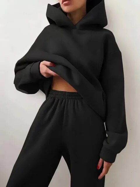 NOUVEAU RICHE Kapuzenpulli und Jogginghose Set Damen Weiches Material Warm Schwarz