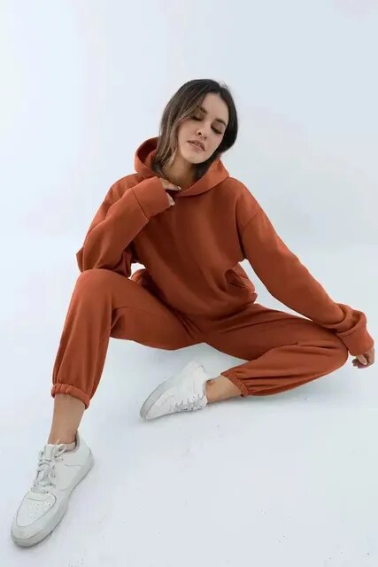 NOUVEAU RICHE Kapuzenpulli und Jogginghose Set Damen Weiches Material Warm Braun