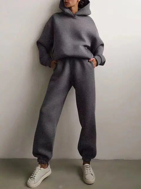 NOUVEAU RICHE Kapuzenpulli und Jogginghose Set Damen Weiches Material Warm Dunkelgrau