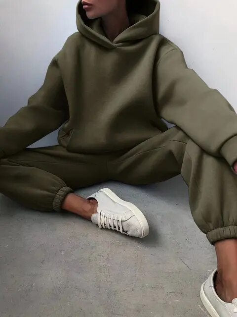 NOUVEAU RICHE Kapuzenpulli und Jogginghose Set Damen Weiches Material Warm Armeegrün
