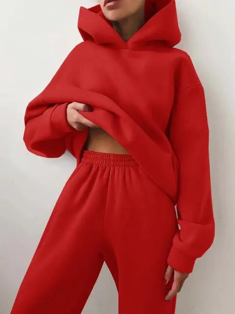NOUVEAU RICHE Kapuzenpulli und Jogginghose Set Damen Weiches Material Warm Rot