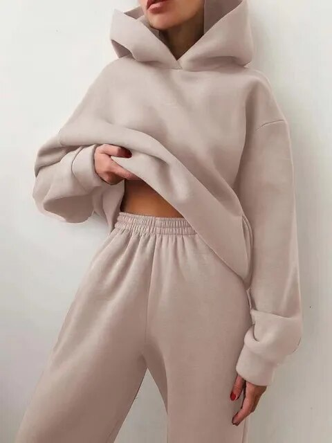 NOUVEAU RICHE Kapuzenpulli und Jogginghose Set Damen Weiches Material Warm Beige