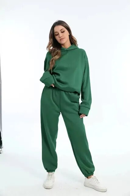NOUVEAU RICHE Kapuzenpulli und Jogginghose Set Damen Weiches Material Warm Dunkelgrün