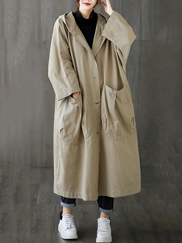 NOUVEAU RICHE Langer wasserdichter Mantel Mit Kapuze Reißverschluss Und Taschen Beige Einheitsgröße