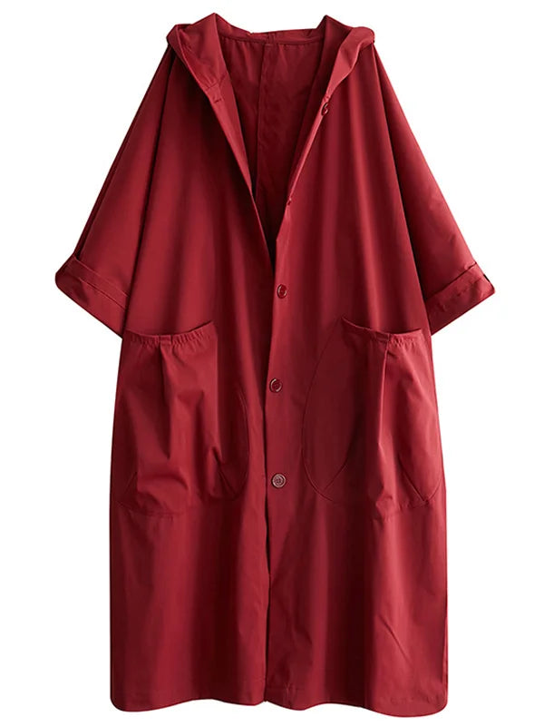 NOUVEAU RICHE Langer wasserdichter Mantel Mit Kapuze Reißverschluss Und Taschen Rot Einheitsgröße