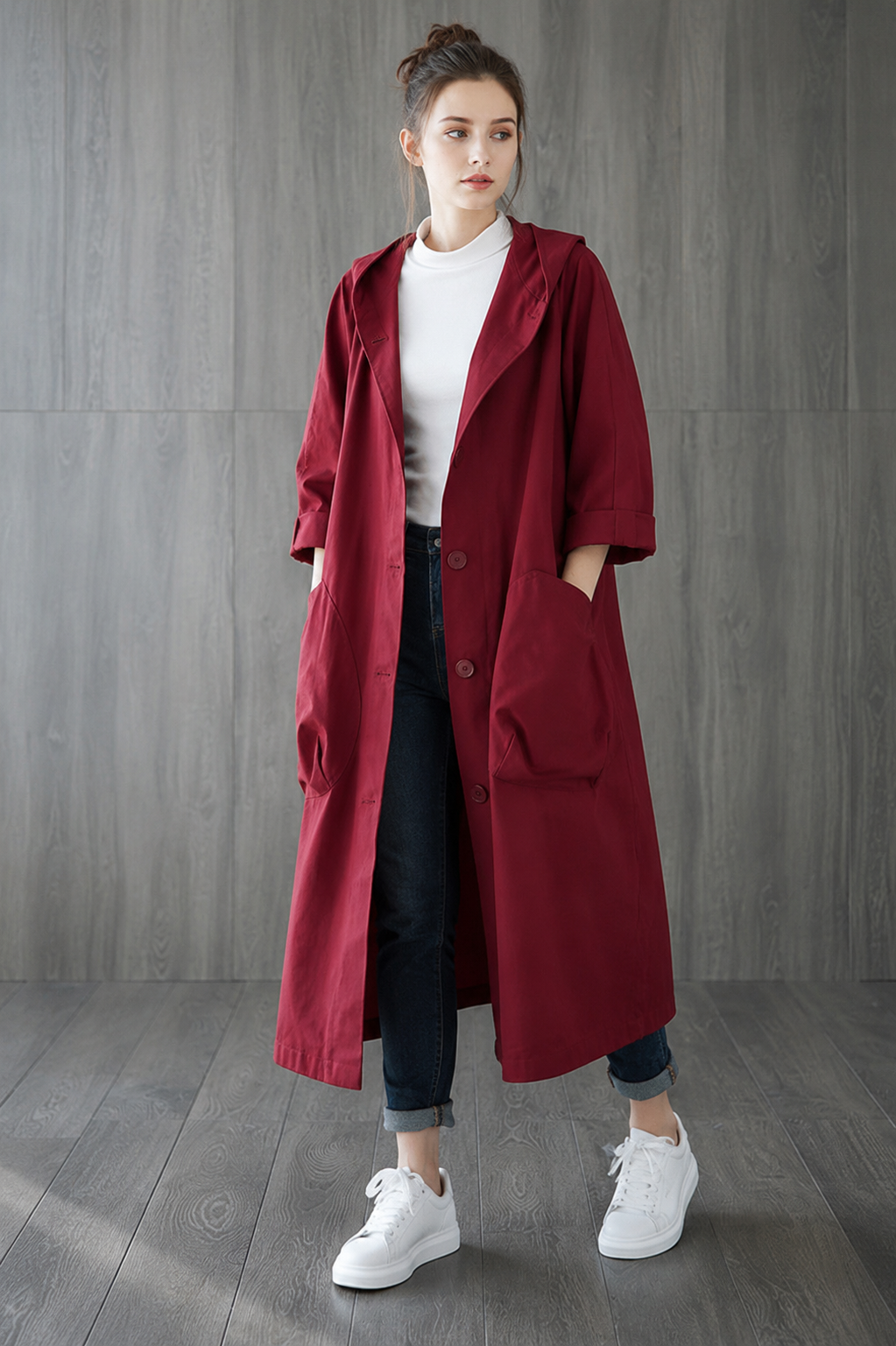 NOUVEAU RICHE Langer wasserdichter Mantel Mit Kapuze Reißverschluss Und Taschen Rot Einheitsgröße