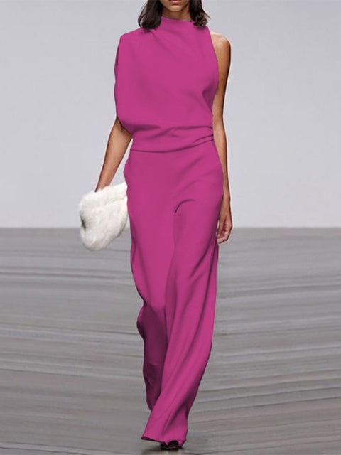 NOUVEAU RICHE Jumpsuit Damen Rundhalsausschnitt Ärmellos Weites Bein Rosen Rot