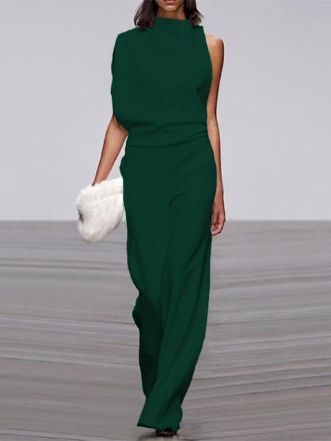 NOUVEAU RICHE Jumpsuit Damen Rundhalsausschnitt Ärmellos Weites Bein Dunkel Grun