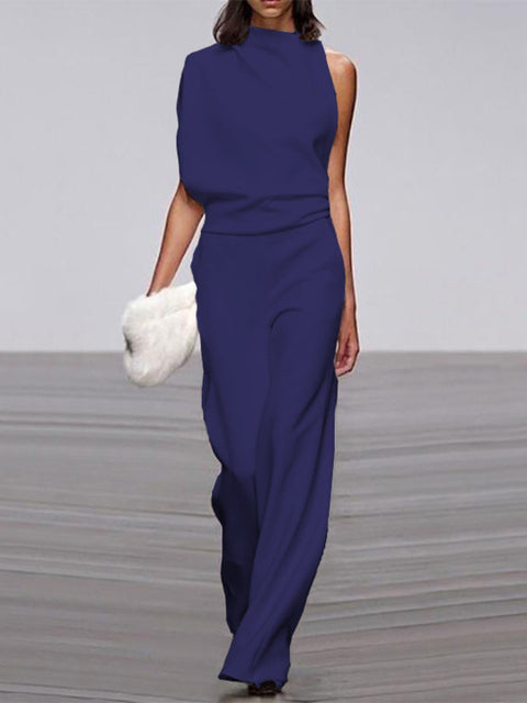 NOUVEAU RICHE Jumpsuit Damen Rundhalsausschnitt Ärmellos Weites Bein Tiefes Blau