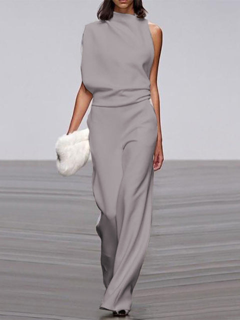 NOUVEAU RICHE Jumpsuit Damen Rundhalsausschnitt Ärmellos Weites Bein Dunkel Grau