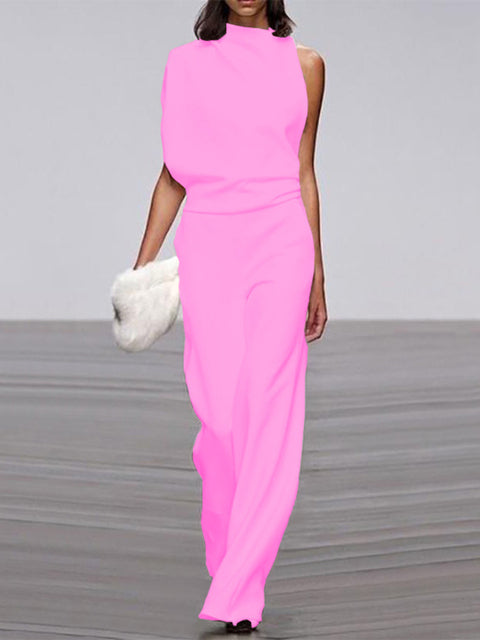 NOUVEAU RICHE Jumpsuit Damen Rundhalsausschnitt Ärmellos Weites Bein Rosa