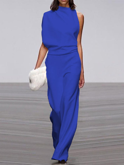 NOUVEAU RICHE Jumpsuit Damen Rundhalsausschnitt Ärmellos Weites Bein Blau