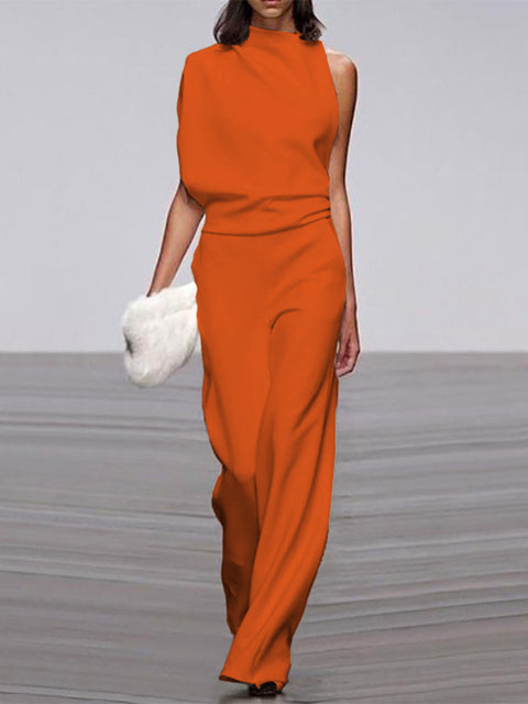 NOUVEAU RICHE Jumpsuit Damen Rundhalsausschnitt Ärmellos Weites Bein Orange