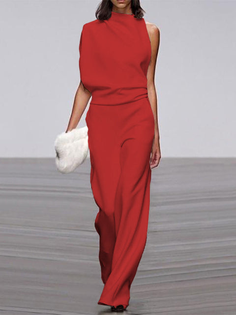 NOUVEAU RICHE Jumpsuit Damen Rundhalsausschnitt Ärmellos Weites Bein Rot