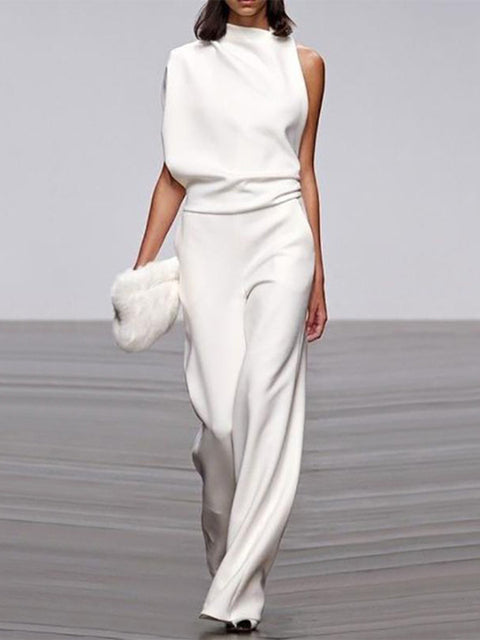 NOUVEAU RICHE Jumpsuit Damen Rundhalsausschnitt Ärmellos Weites Bein Weiss