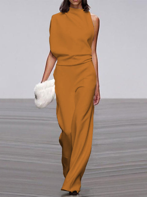 NOUVEAU RICHE Jumpsuit Damen Rundhalsausschnitt Ärmellos Weites Bein Gelb