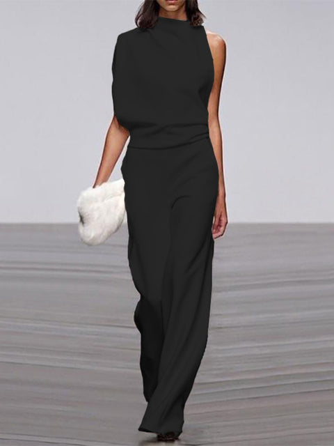 NOUVEAU RICHE Jumpsuit Damen Rundhalsausschnitt Ärmellos Weites Bein Schwarz