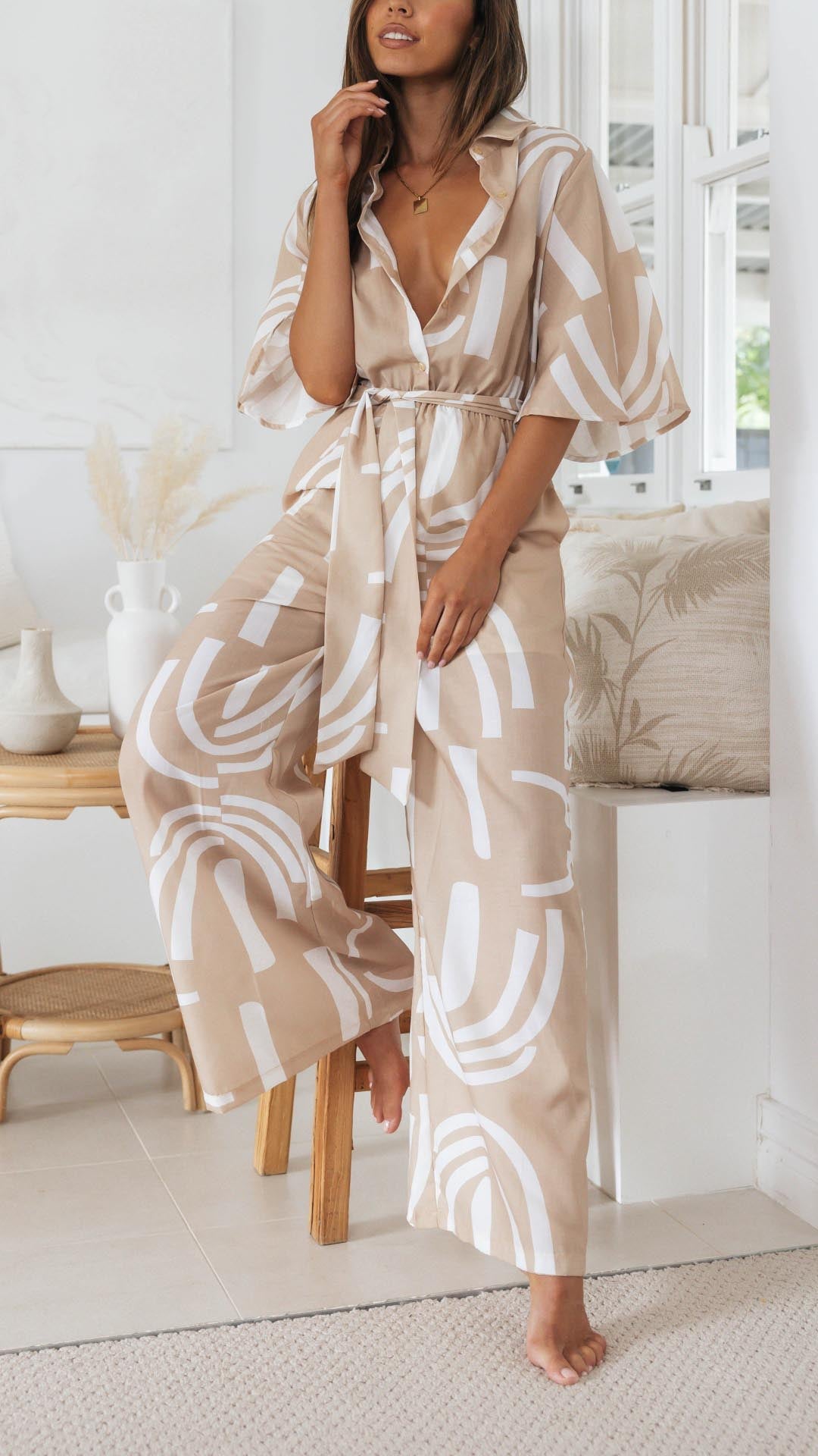 NOUVEAU RICHE Jumpsuit Sand Weiß Mit Abnehmbarem Gürtel Gemustert