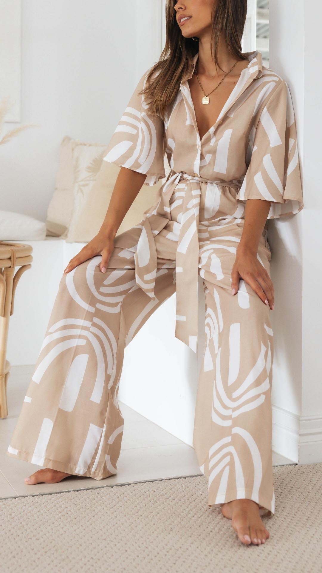 NOUVEAU RICHE Jumpsuit Sand Weiß Mit Abnehmbarem Gürtel Gemustert
