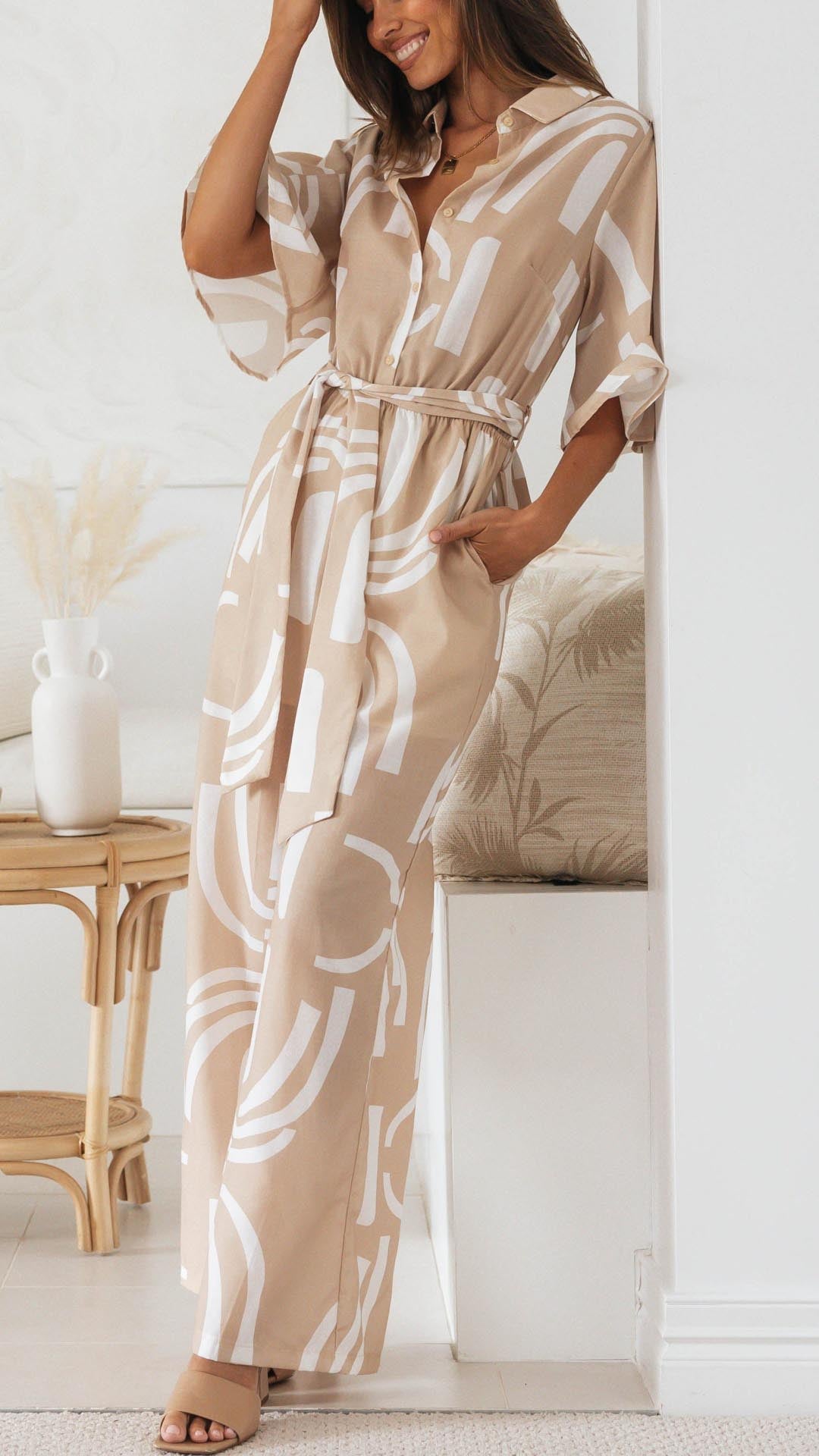 NOUVEAU RICHE Jumpsuit Sand Weiß Mit Abnehmbarem Gürtel Gemustert Weiß