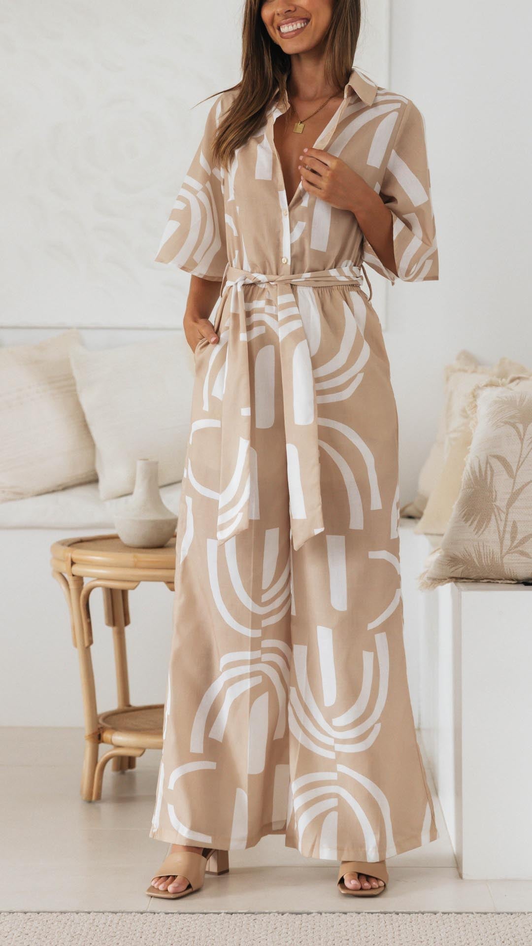 NOUVEAU RICHE Jumpsuit Sand Weiß Mit Abnehmbarem Gürtel Gemustert