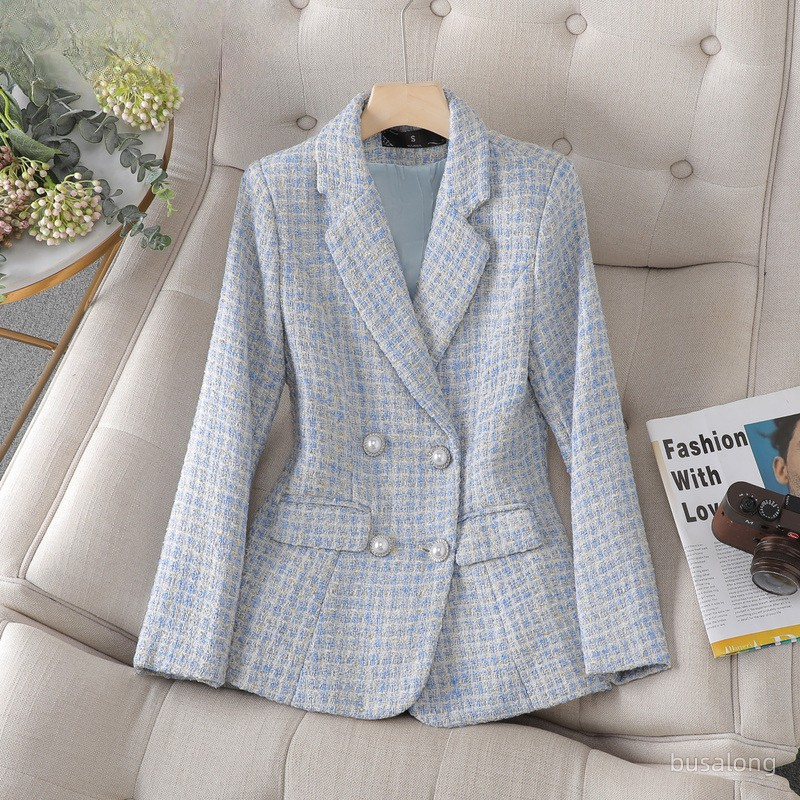 NOUVEAU RICHE Karierte Blazerjacke Slim Fit Maßgeschneidertes Karodesign für Damen Eleganter Schnitt Vielseitig Kombinierbar Komfortabler Tragekomfort Blau