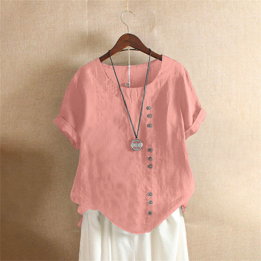 NOUVEAU RICHE Flōre | Unifarbenes Kurzarm-Bluse mit Rundhalsausschnitt Rosa