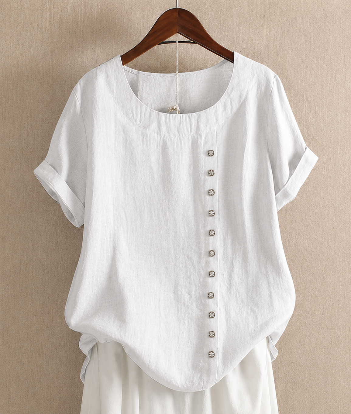 NOUVEAU RICHE Flōre | Unifarbenes Kurzarm-Bluse mit Rundhalsausschnitt Weiß
