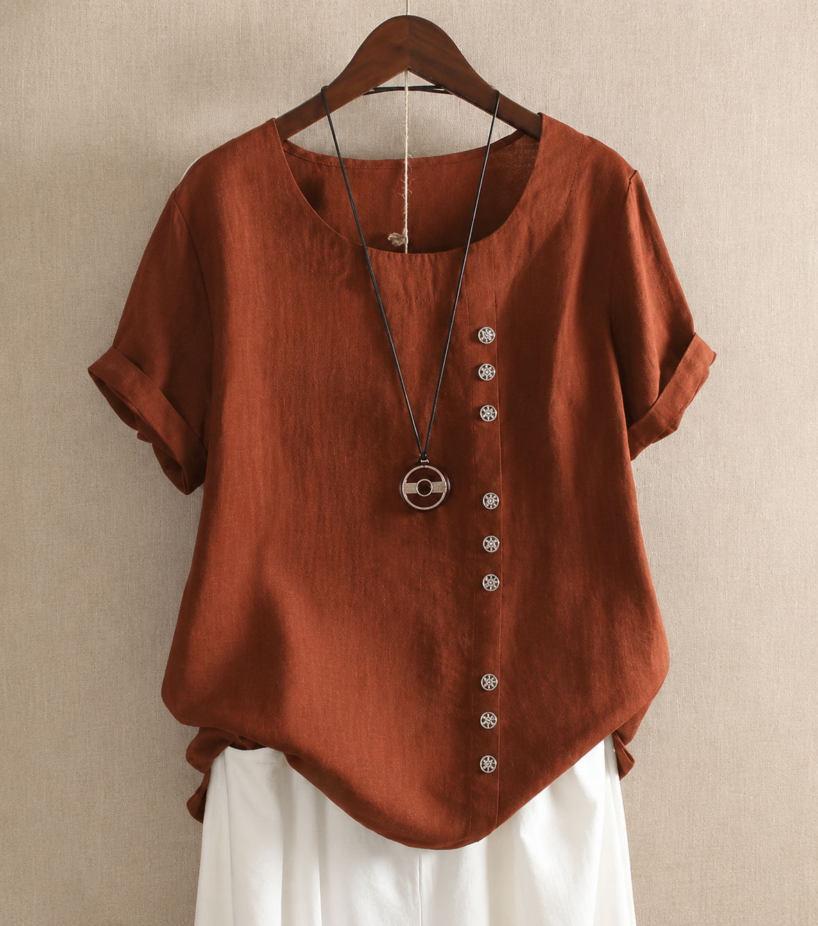 NOUVEAU RICHE Flōre | Unifarbenes Kurzarm-Bluse mit Rundhalsausschnitt Braun
