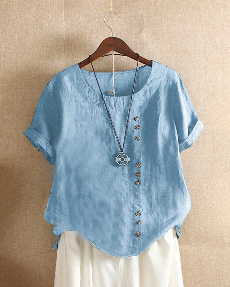 NOUVEAU RICHE Flōre | Unifarbenes Kurzarm-Bluse mit Rundhalsausschnitt Himmelblau