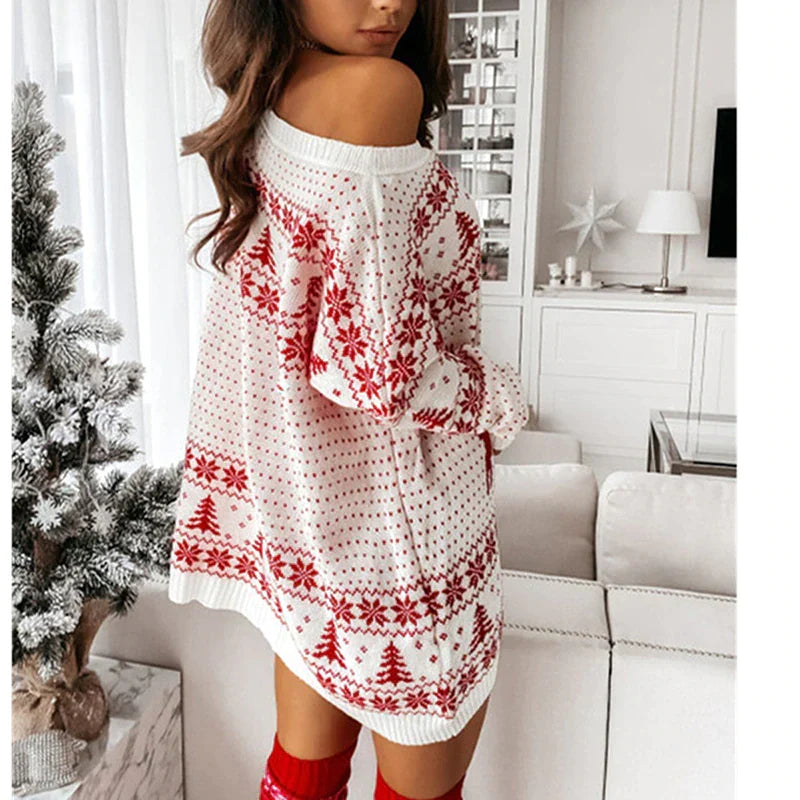 Weihnachtspullover Damen – Oversize Off-Shoulder Pullover in Rot & Weiss, Gemütlicher Pullover für die Feiertage – Luna