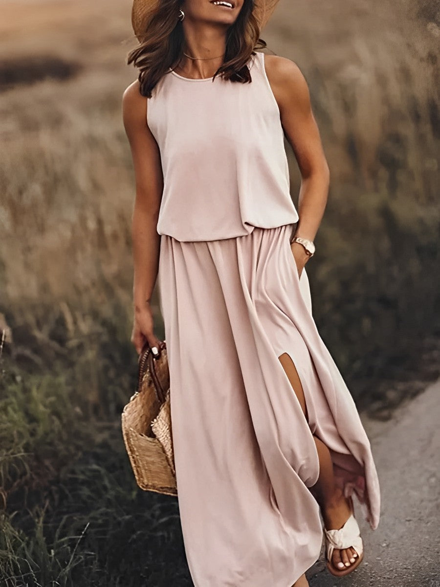 NOUVEAU RICHE Maxikleid Damen Boho Weiß Ohne Ärmel Schlitz Sommer Strand Beige