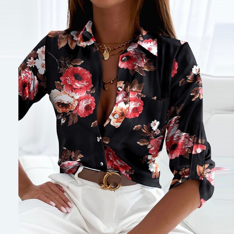 NOUVEAU RICHE Isana | Damen Bluse – Klassischer Kragen, Atmungsaktives Material & Edle Passform Schwarze Rosenblätter