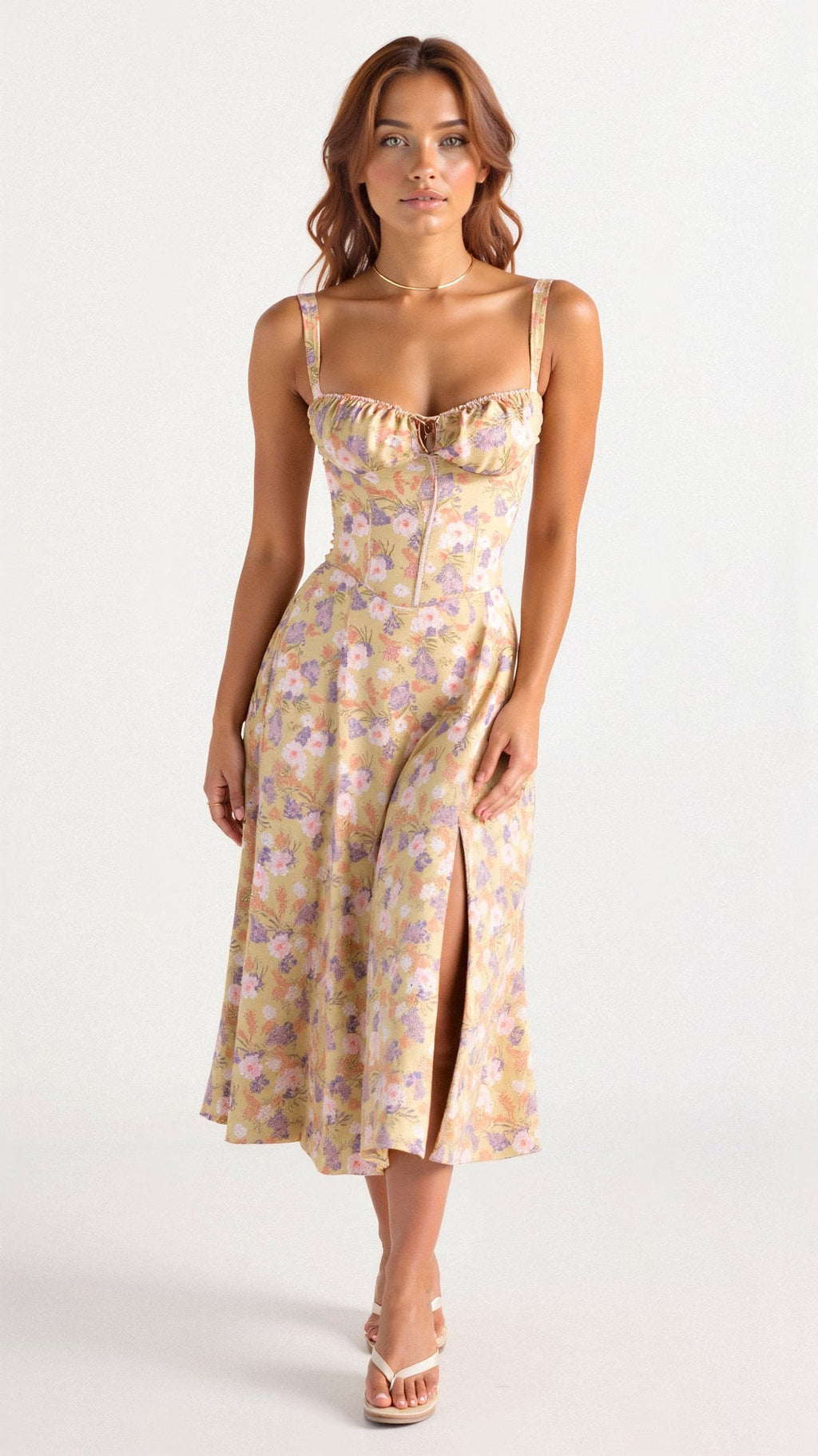NOUVEAU RICHE Vyssion | Damen Midikleid – Formgebendes Korsett-Design, Elegante Silhouette & Sinnliche Ausstrahlung Gelb