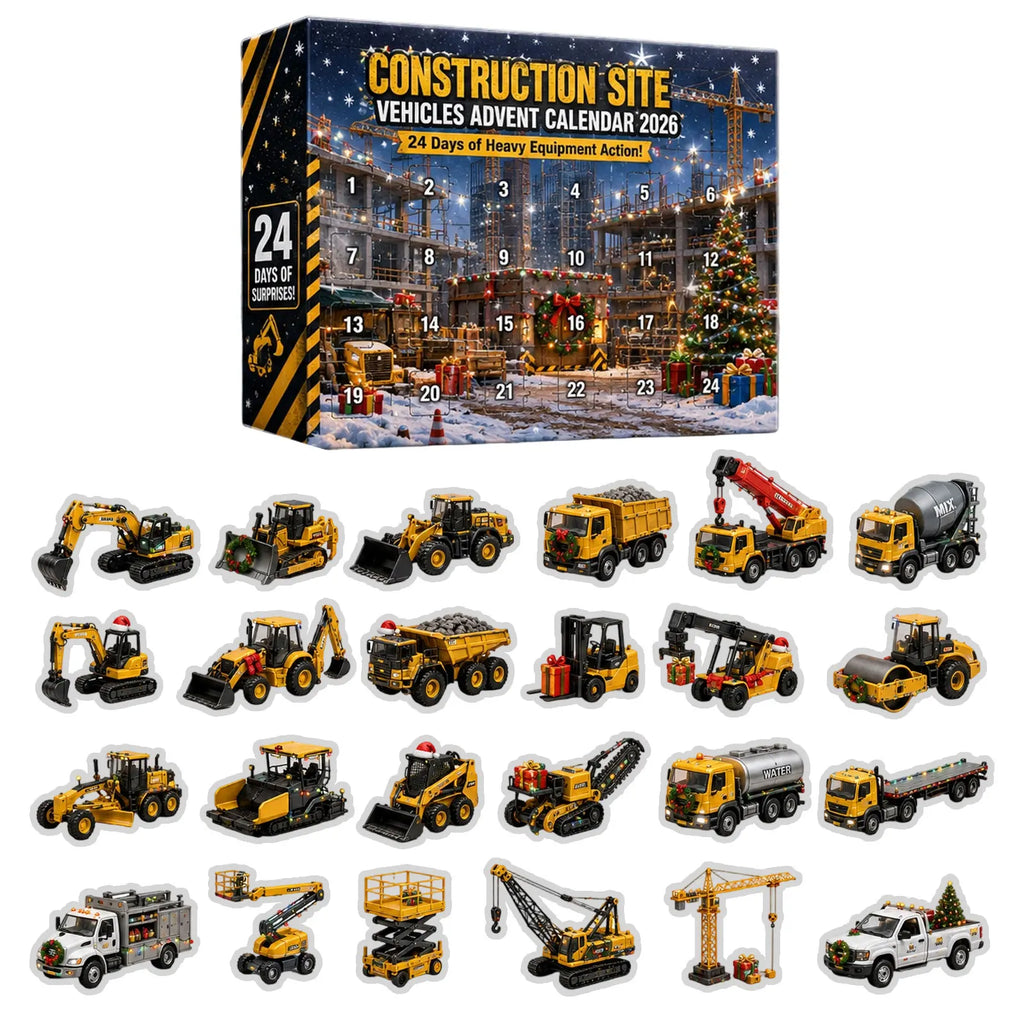 Construction Vehicle Advent Calendar for Kids – 24 Excavator & Cement Mixer Ornaments Made of Acrylic, Christmas Calendar Without Sweets