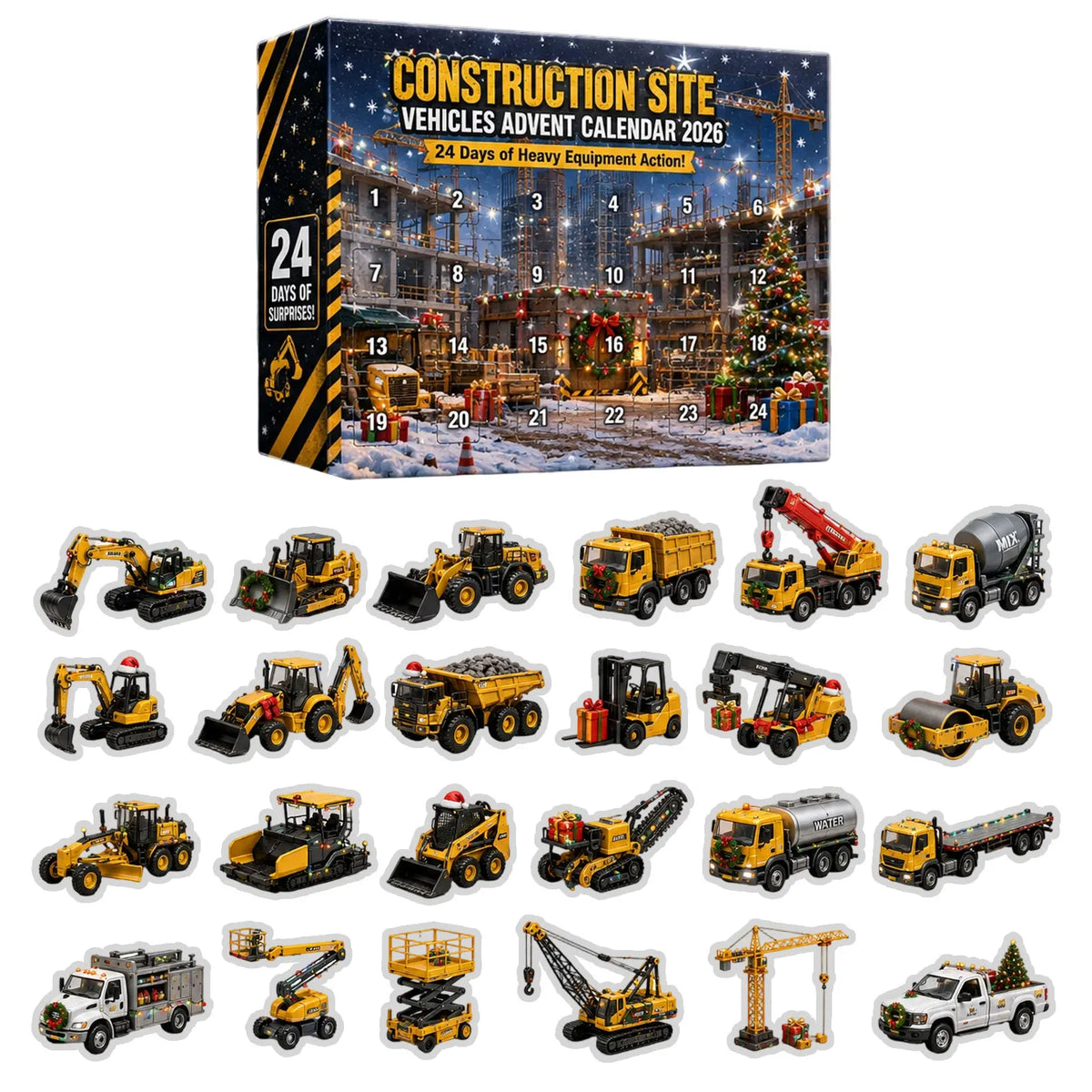 Construction Vehicle Advent Calendar for Kids – 24 Excavator & Cement Mixer Ornaments Made of Acrylic, Christmas Calendar Without Sweets