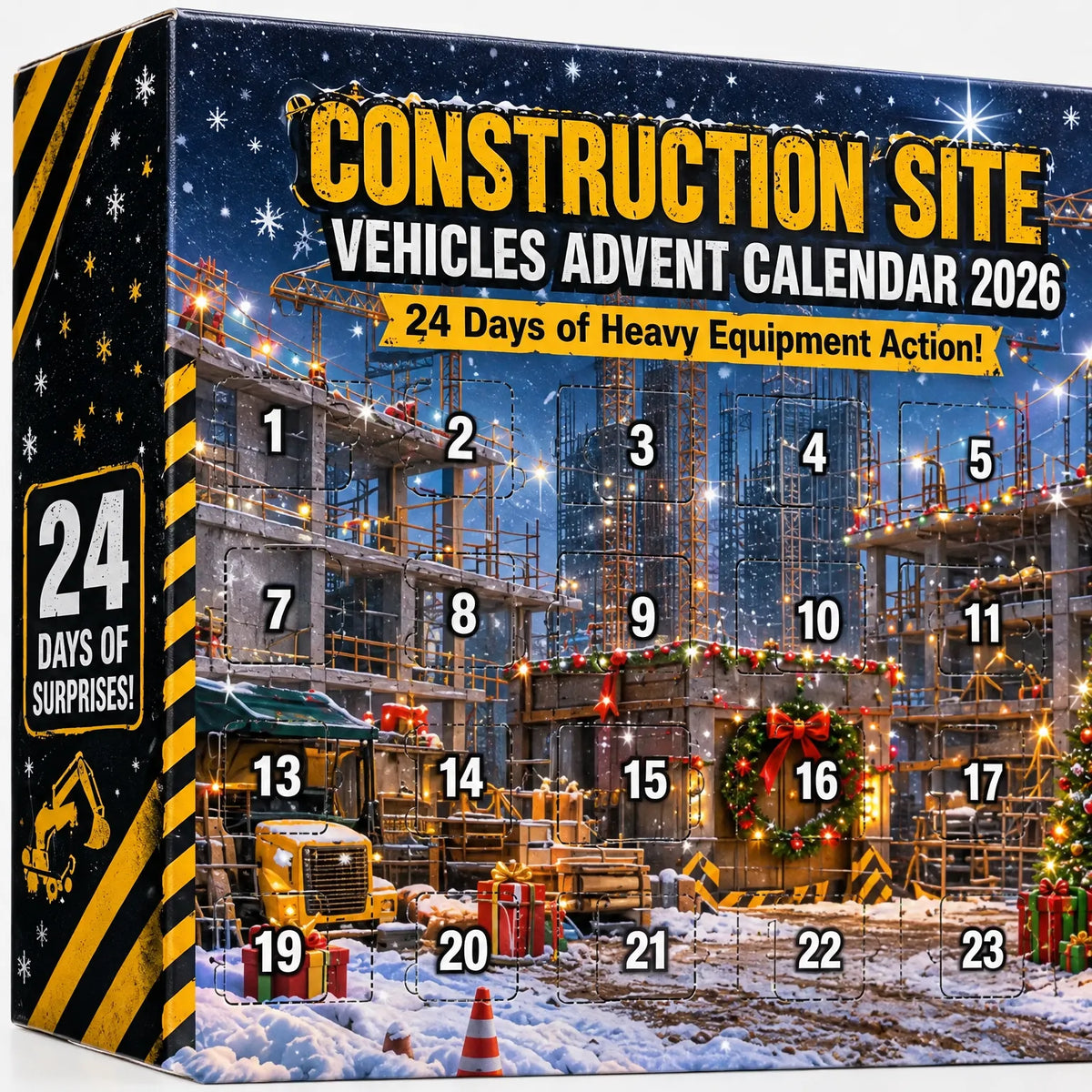 Construction Vehicle Advent Calendar for Kids – 24 Excavator & Cement Mixer Ornaments Made of Acrylic, Christmas Calendar Without Sweets