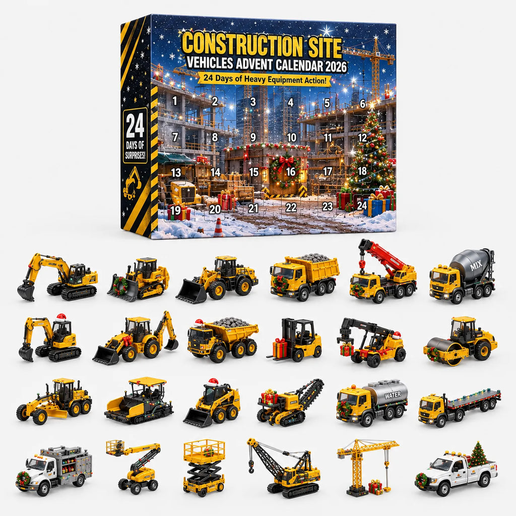 Construction Vehicle Advent Calendar for Kids – 24 Excavator & Cement Mixer Ornaments Made of Acrylic, Christmas Calendar Without Sweets