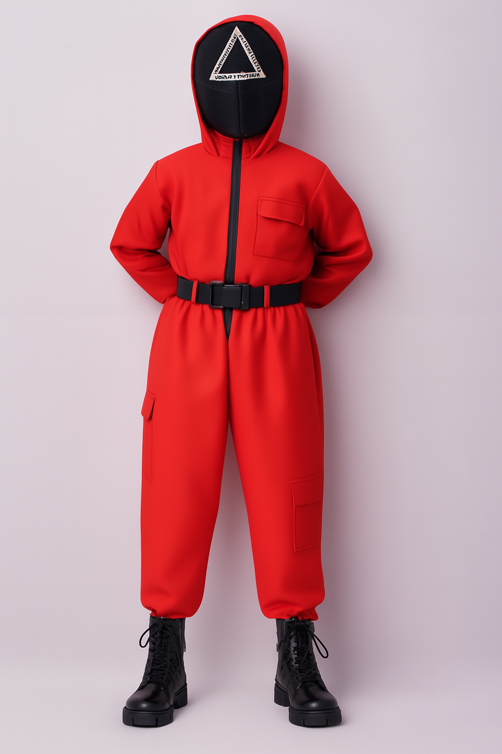NOUVEAU RICHE Kinder-Wachmann-Overall Kapuzenmasken-Outfit Roter Overall Gürtel Handschuhen Dreieck - Mit Halter und aufblasbare pistole