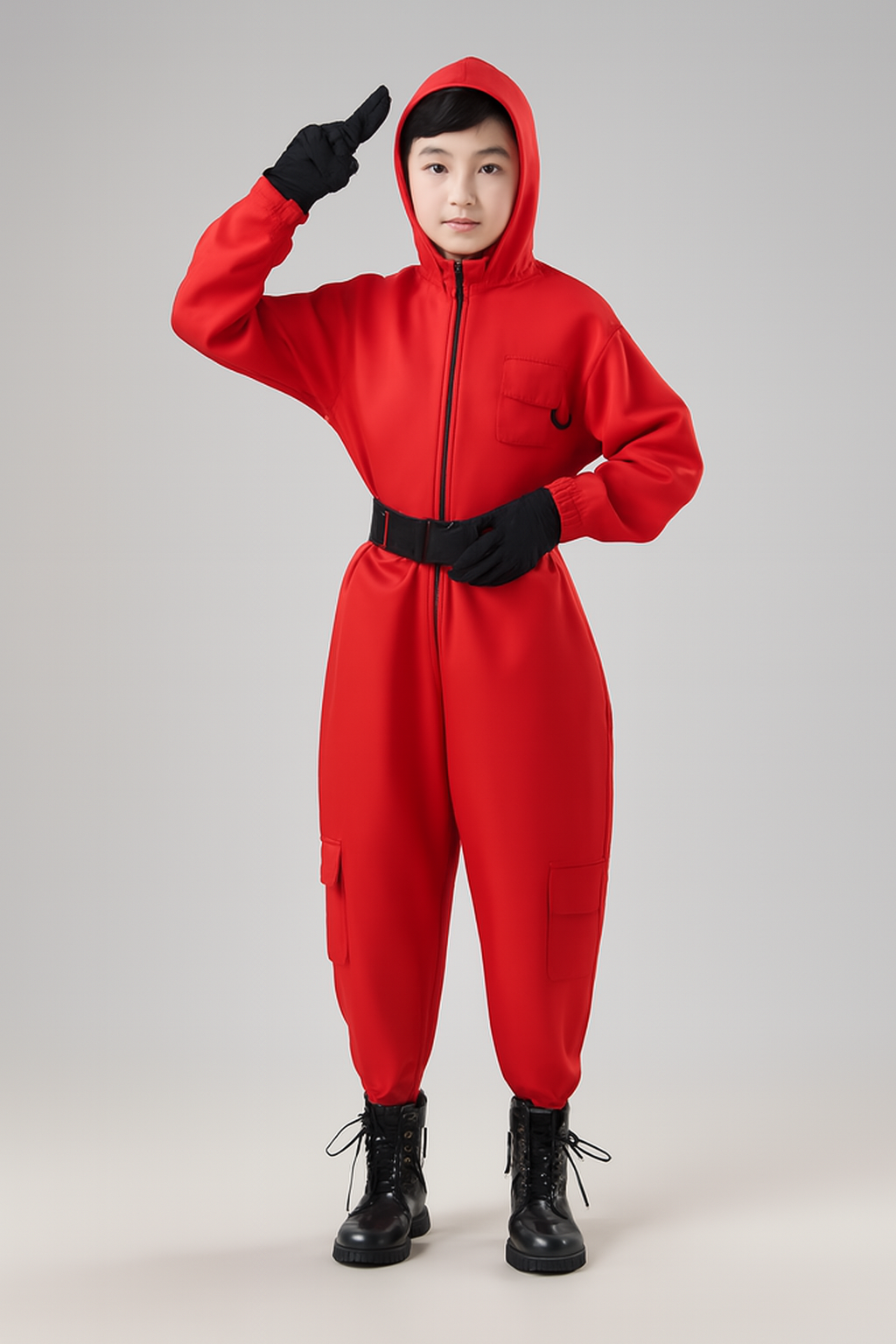 NOUVEAU RICHE Kinder-Wachmann-Overall Kapuzenmasken-Outfit Roter Overall Gürtel Handschuhen