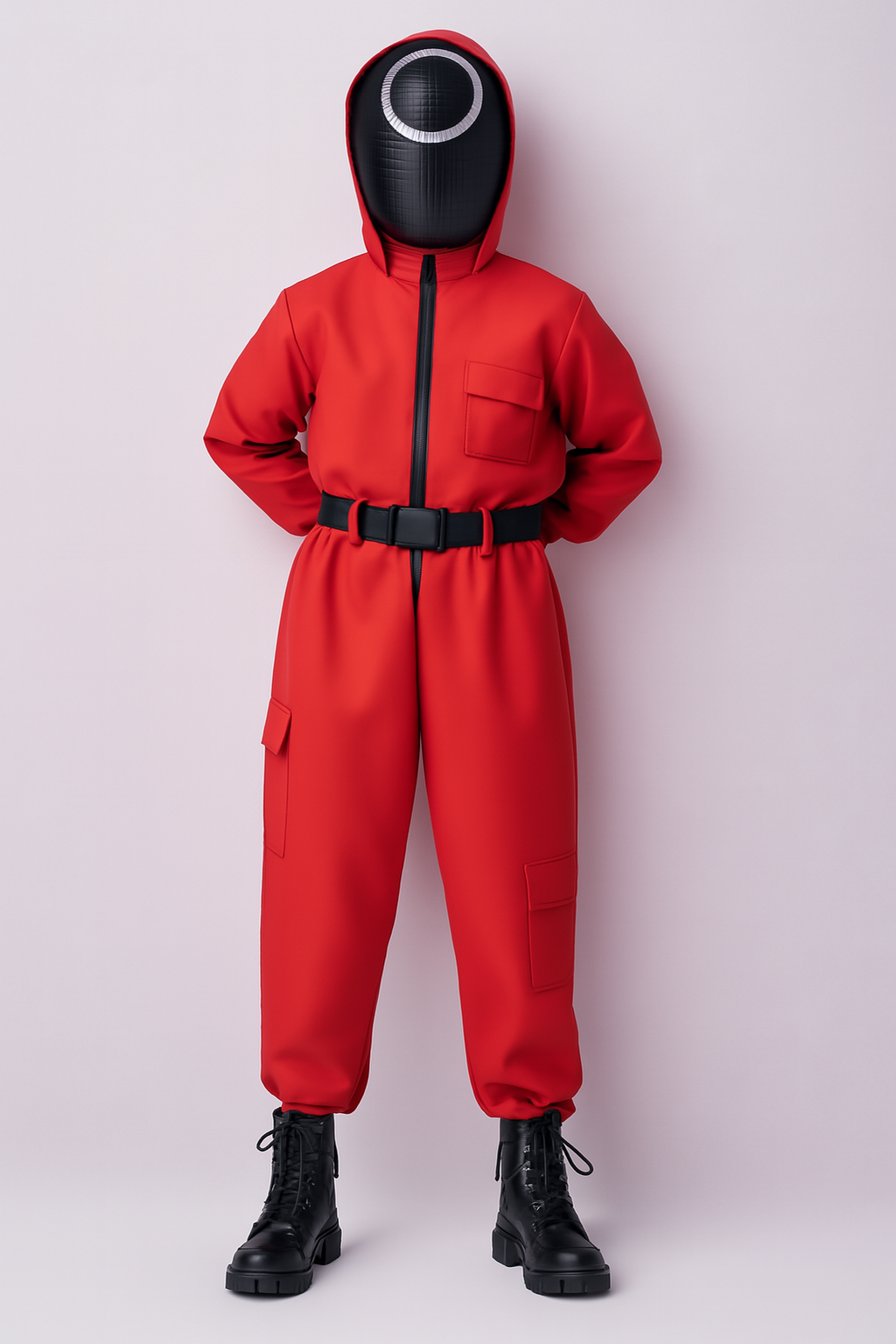 NOUVEAU RICHE Kinder-Wachmann-Overall Kapuzenmasken-Outfit Roter Overall Gürtel Handschuhen Kreis - Mit Halter und aufblasbare pistole