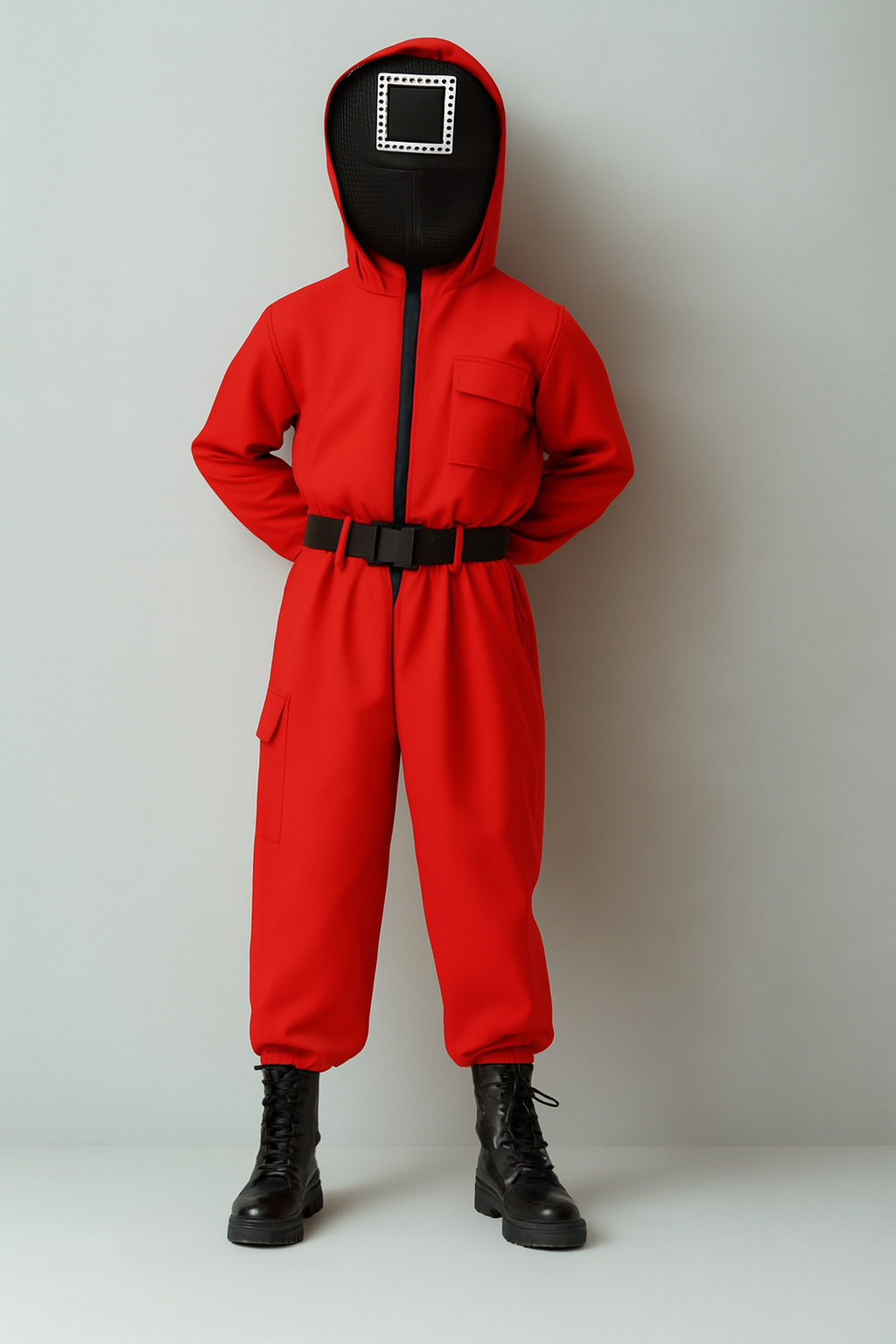 NOUVEAU RICHE Kinder-Wachmann-Overall Kapuzenmasken-Outfit Roter Overall Gürtel Handschuhen Quadrat - Mit Halter und aufblasbare pistole