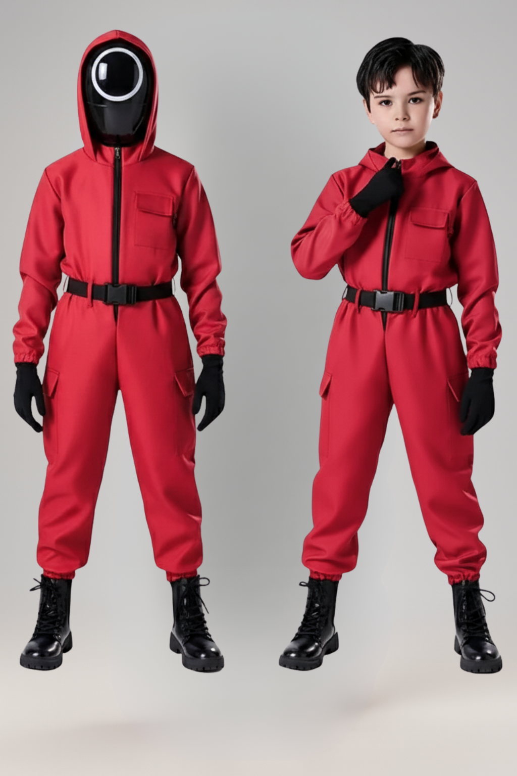NOUVEAU RICHE Kinder-Wachmann-Overall Kapuzenmasken-Outfit Roter Overall Gürtel Handschuhen