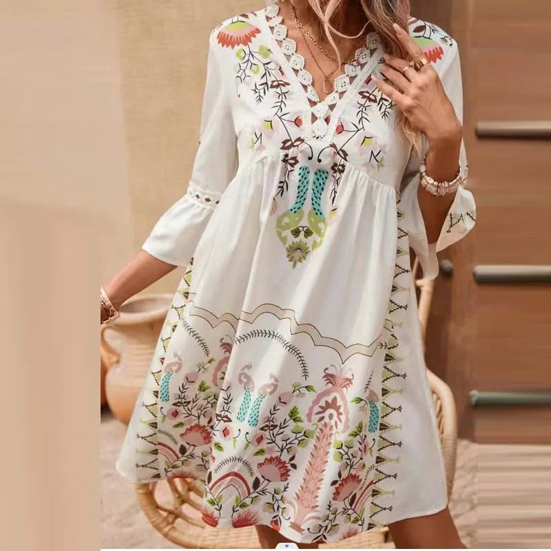 NOUVEAU RICHE Boho Sommerkleid Bequem Fließende Silhouette Lockerer Schnitt Weiß Grün